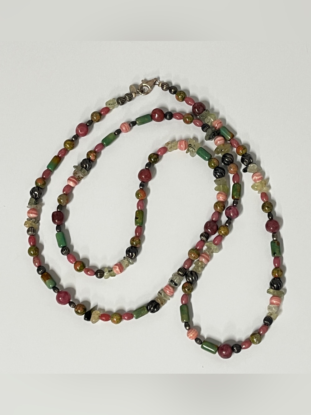 Vintage Carolyn Pollack Relios Multi Gemstone Pink Green Sterling Necklace 36”